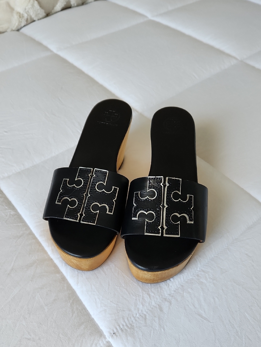 Tory Burch Black Leather Logo Slide Clogs with Wood-Look Wedge
